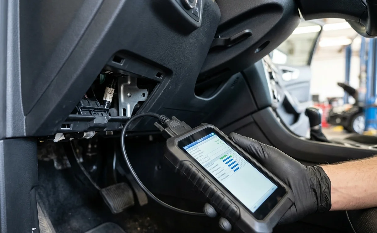 Handheld OBD diagnostic scanner plugged into a vehicle's diagnostic port, held by a gloved technician